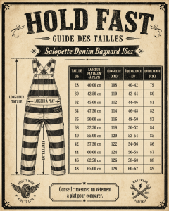 SALOPETTE-MOTO-DENIM-BAGNARD 16oz HOLD FAST-Grille des tailles