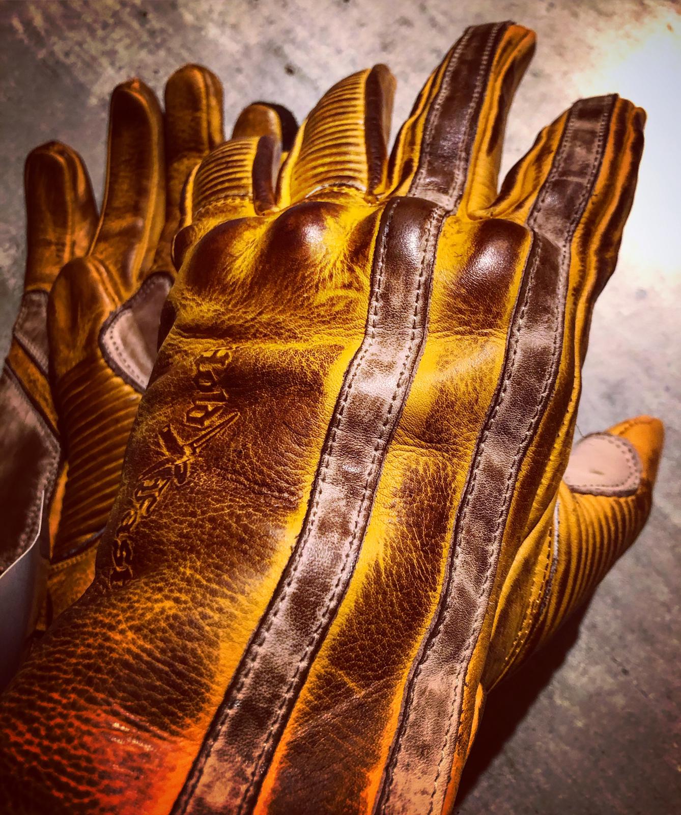 Guantes-cuero-moto-le mans-1971-vintage-Holdfast-bandas