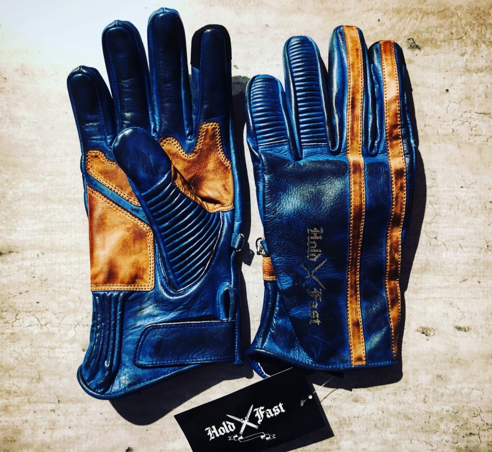 Gants moto cuir bleu petrole 1971 Le Mans Hold Fast