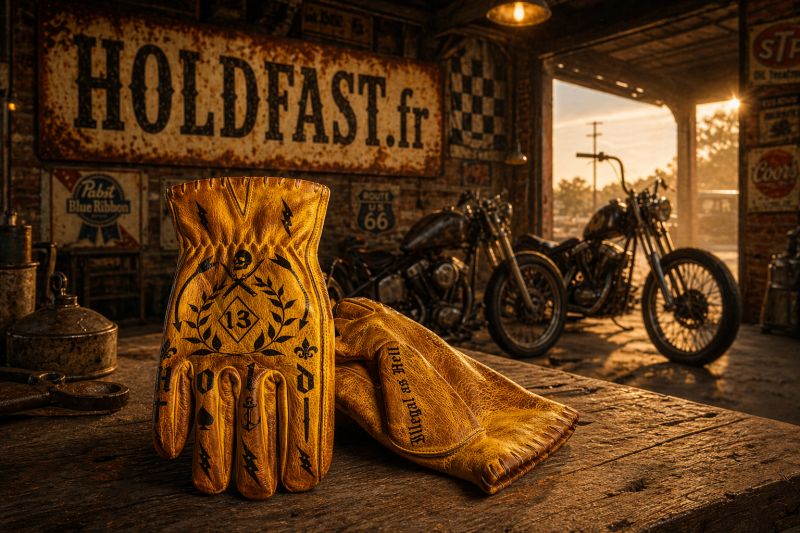 Guantes de moto Holdfast con tatuaje de cuero