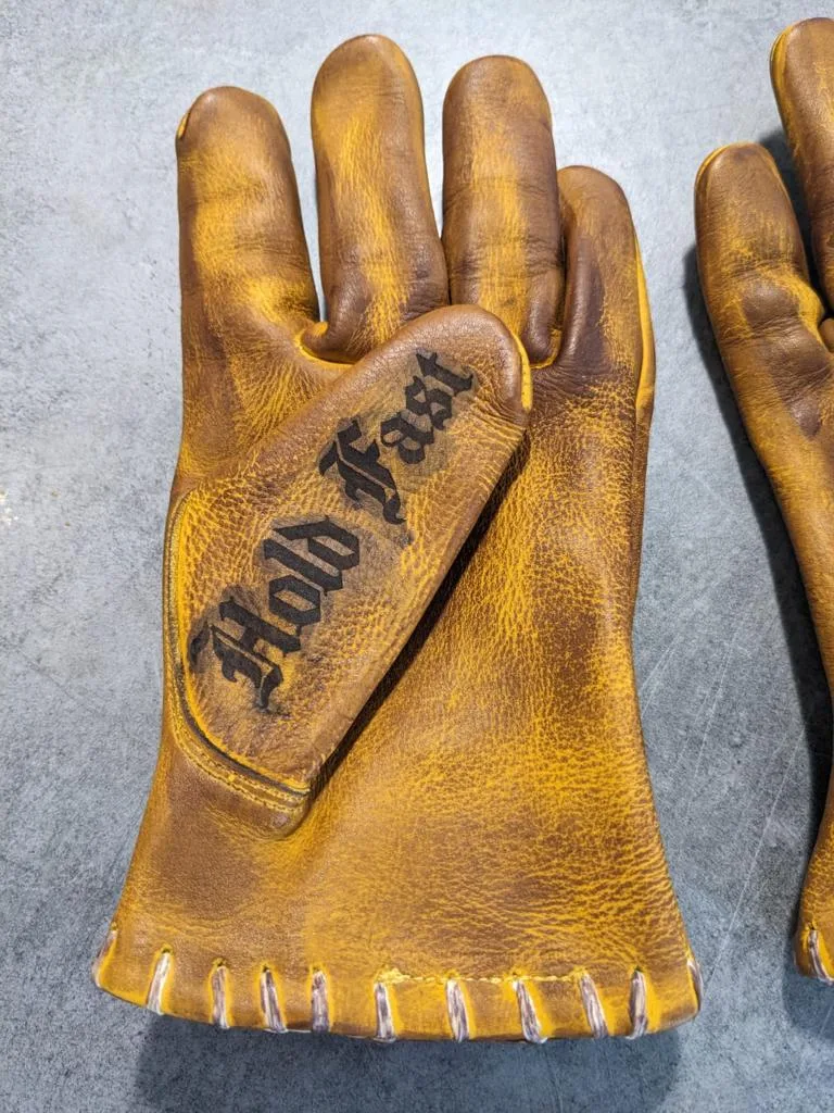 Motorcycle gloves-leather-vintage-old school-holdfast-yellow color-France