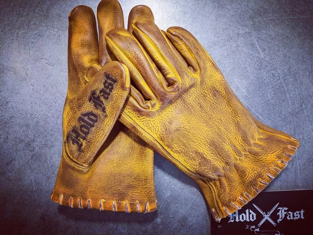Vintage 1936 yellow leather motorcycle gloves, Boardtrack Hold Fast patina hand