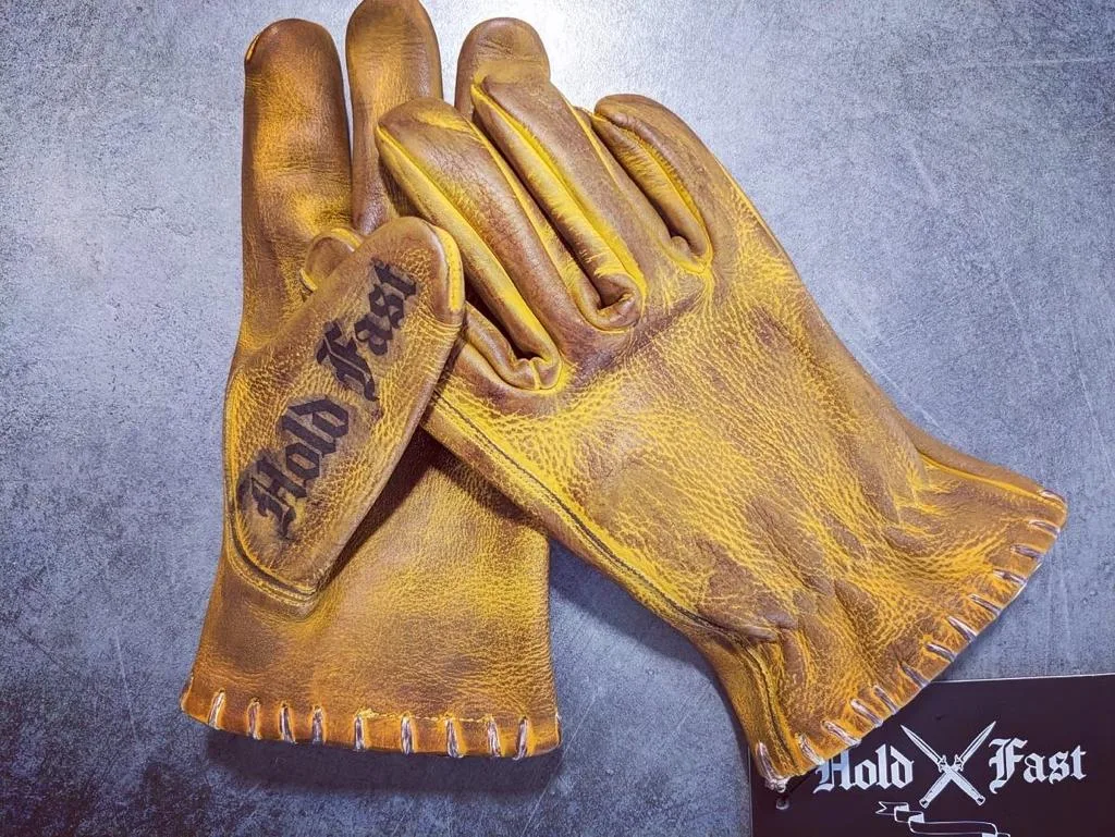 Gants moto-cuir-vintage-old school-holdfast-jaunes-driver-France