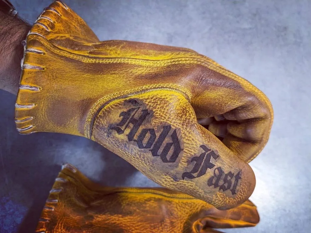 Motorcycle gloves-custom-genuine leather-vintage-old school-holdfast-yellow-France