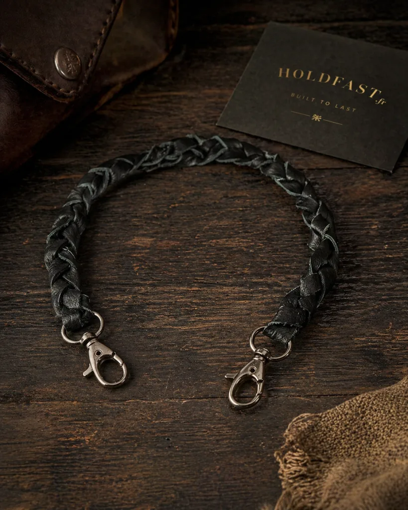 Lanière tressée cuir pour portefeuille - Noire 50 cm Holdfast