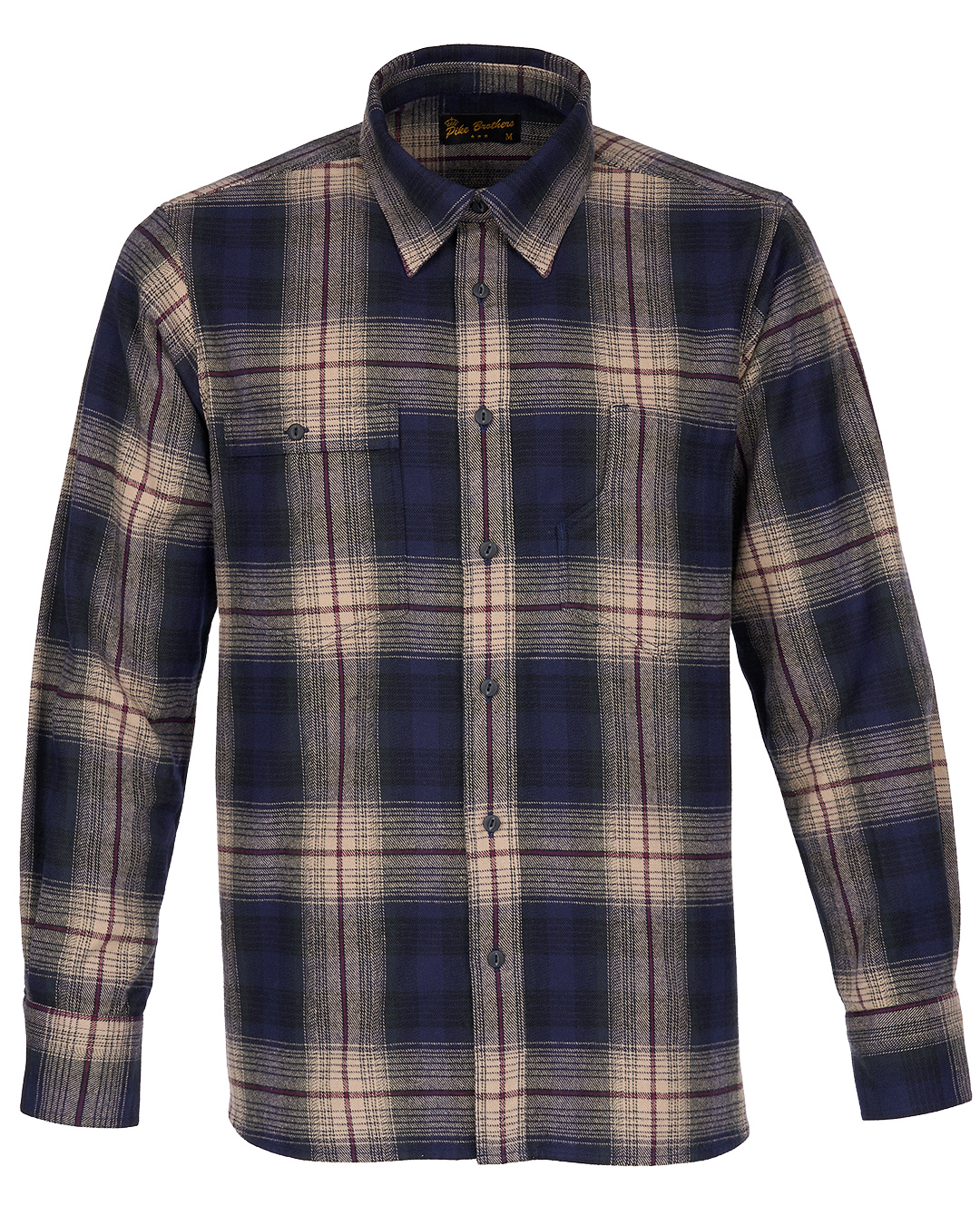 Pike Brothers 1937 Roamer Shirt Blue Beige Check Flannel - du00e9tail col