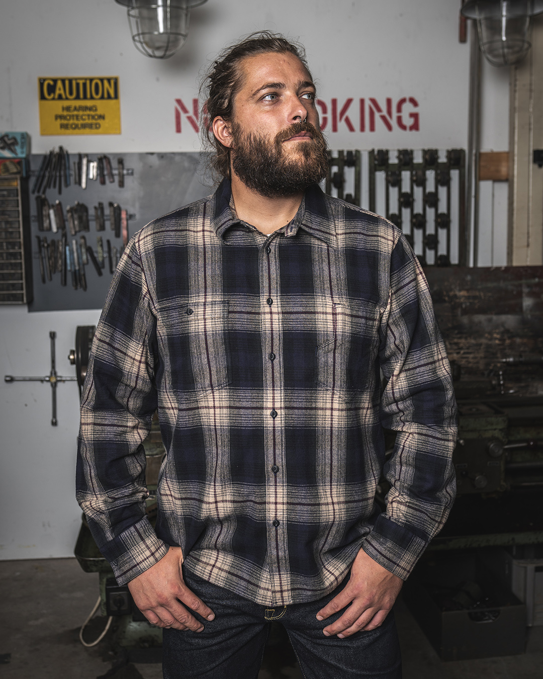 Pike Brothers 1937 Roamer Shirt Blue Beige Check Flannel - vue face