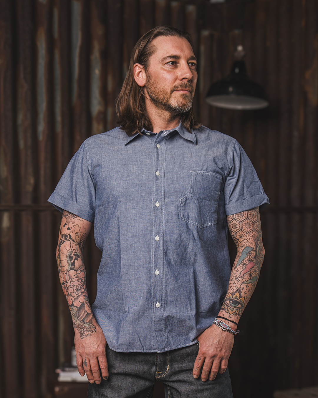 Pike Brothers 1937 Roamer Shirt Short Sleeve Blue Chambray - vue face