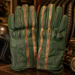 Gant moto homme cuir vachette pleine fleur - vert patiné - bandes ocre racing