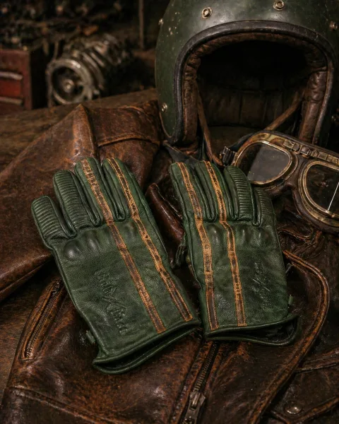 Gants Cuir Moto Vert Patiné Vintage "1971 Le Mans" Hold Fast