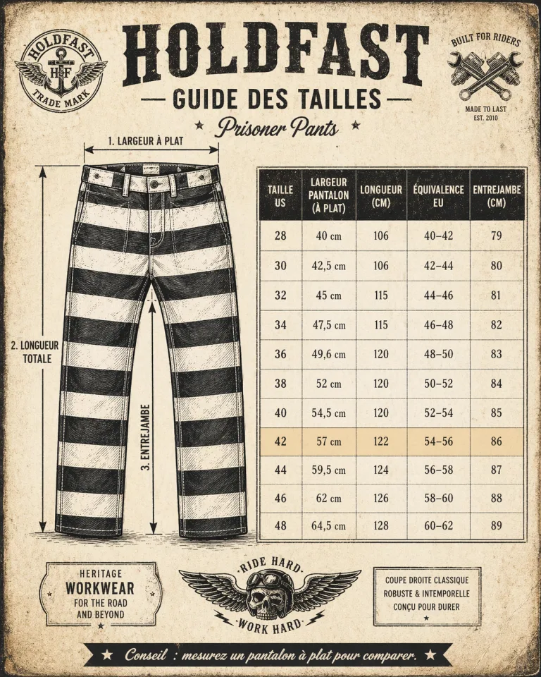Hold Fast prisoner and convict trousers size chart — US and EU size conversion, flat width, length, inseam