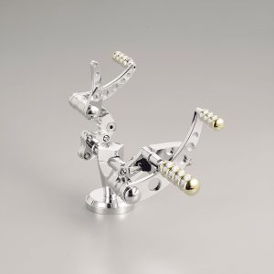 Kustomtech custom Harley motorcycle pedal levers with vintage-style aluminum and polished brass controls (Harley 1986-1999) - main view