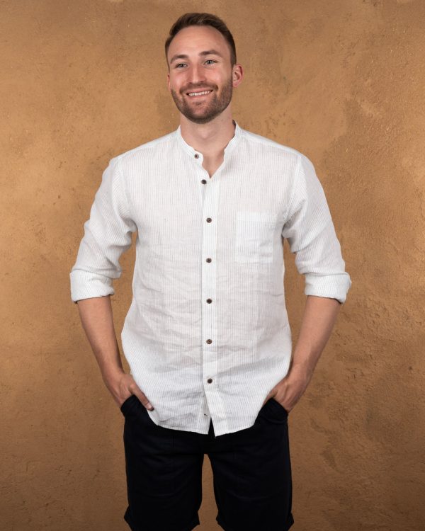 Chemise Col Mao Homme - 1923 Buccanoy Shirt White Blue Linen Pike Brothers