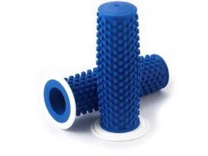 Kustomtech Harley 1-inch throttle grips, blue custom motorcycle grips with white rubber flange, main view, Marseille, hol