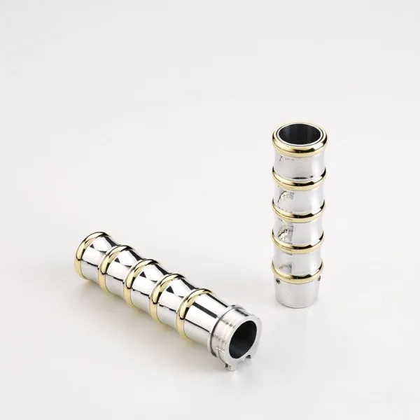 Deluxe Vintage Motorcycle Grips in Polished Aluminum and Polished Brass — Inverted Controls