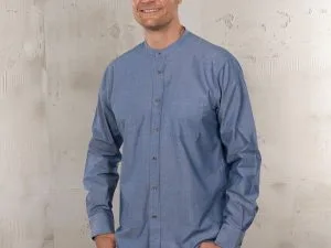 Blauw chambray overhemd met mandarijnkraag, 1923 Buccanoy Shirt, Blue Chambray Pike Brothers