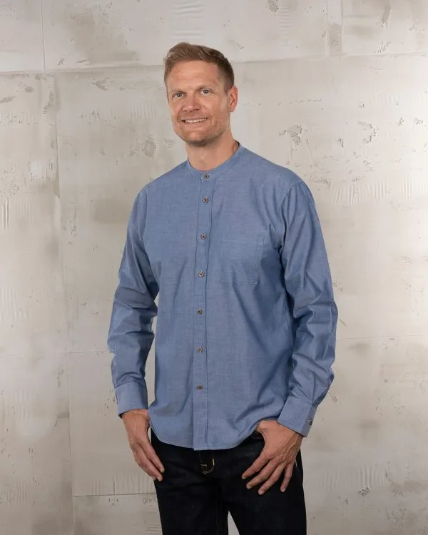 Herenhemd met Mao-kraag, blauw - 1923 Buccanoy overhemd, blauw chambray, Pike Brothers