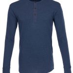Vintage heren Henley-shirt met lange mouwen van indigo katoen, vooraanzicht