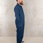 Vintage men's indigo denim mechanic's jumpsuit, front view