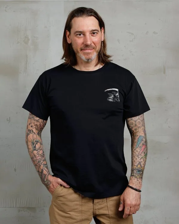 T-shirt vintage nera da uomo - Maglietta sportiva del 1969 con mietitore nero e Pike Brothers