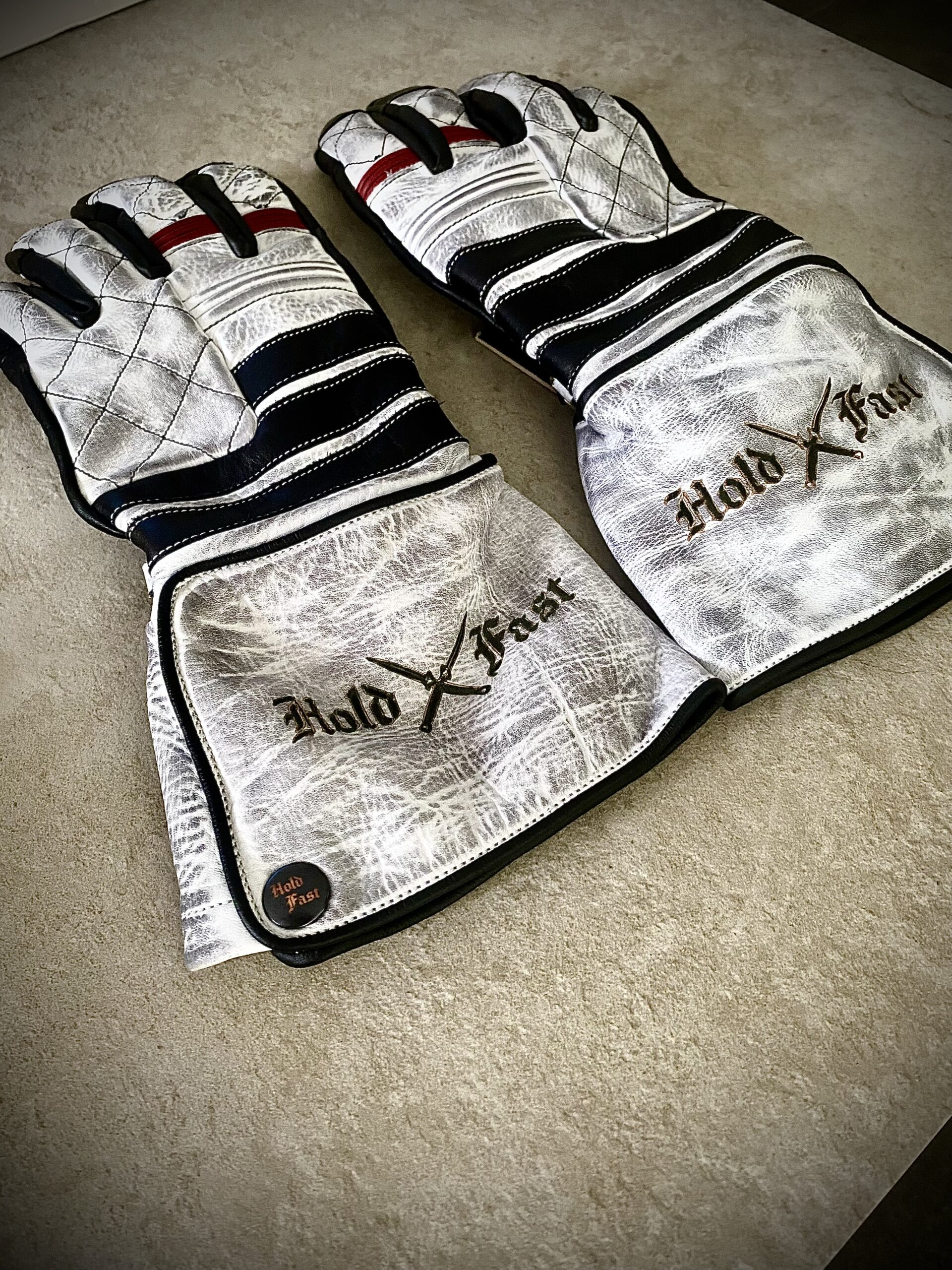 gants cuir moto blancs vintage Shiro Oni Hold Fast