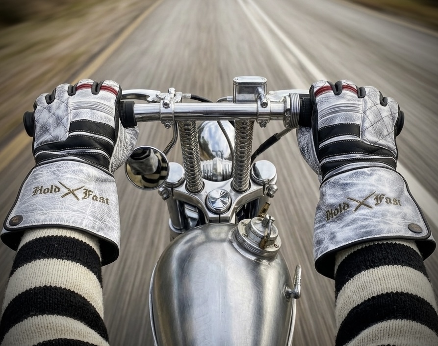 gants cuir moto blancs vintage Shiro Oni Hold Fast