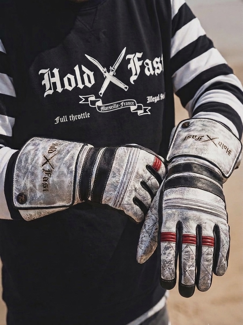 gants cuir moto blancs vintage Shiro Oni Hold Fast