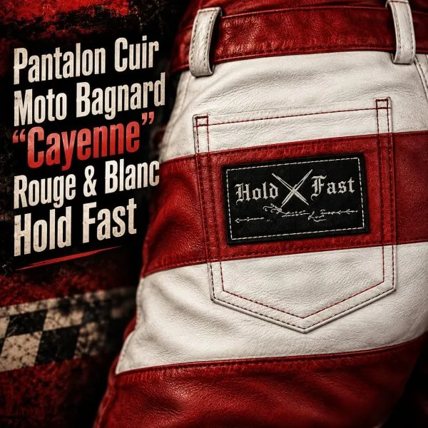 Pantalon Cuir Moto Bagnard "Cayenne" Rouge & Blanc Hold Fast