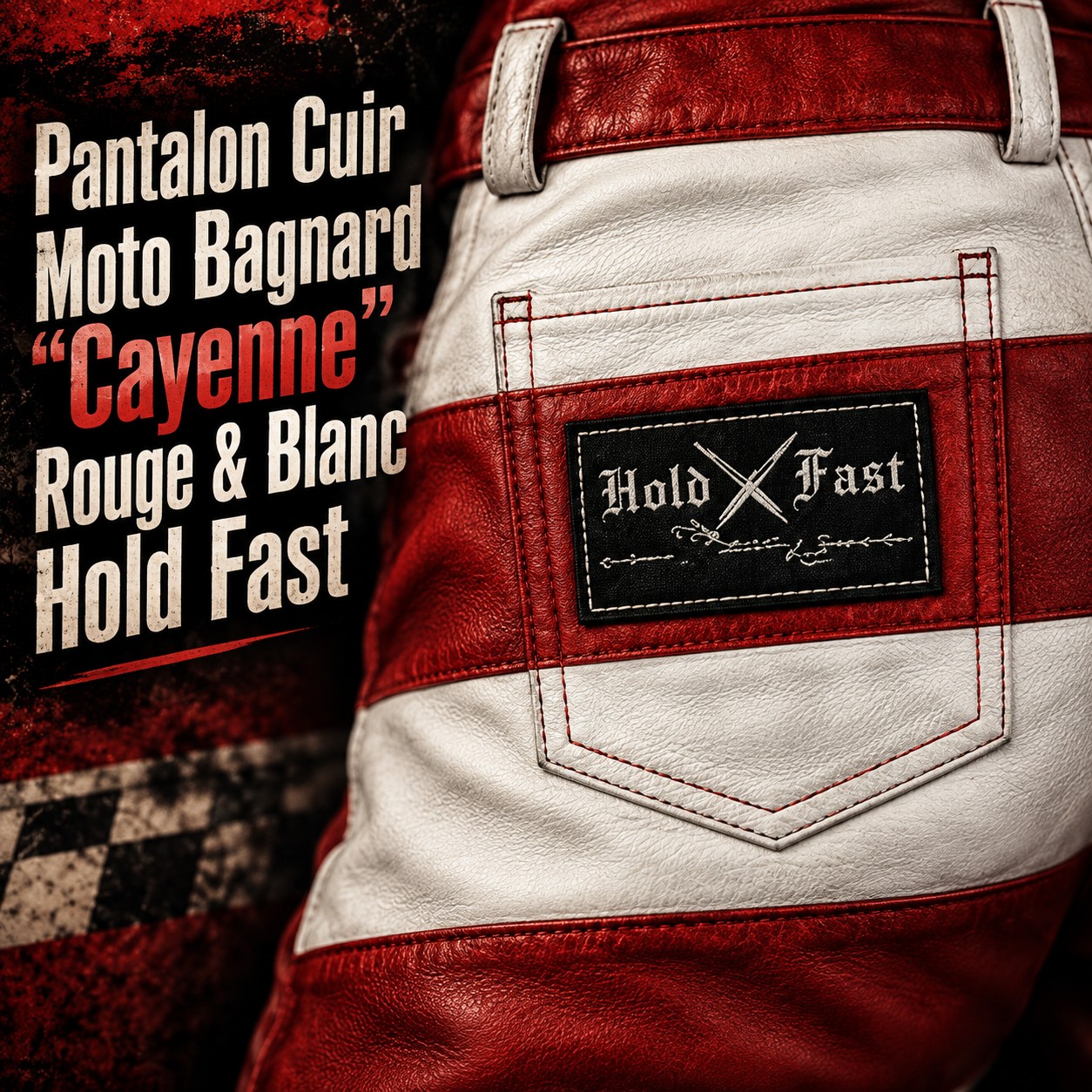 Pantalon cuir biker Cayenne vu de dos, étiquette Hold Fast cousue sur la poche