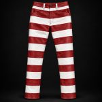 Pantalon cuir biker « Cayenne » rayé rouge et blanc Hold Fast, vue de face