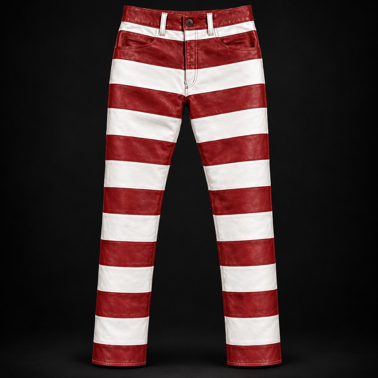 Pantalon cuir biker « Cayenne » rayé rouge et blanc Hold Fast, vue de face