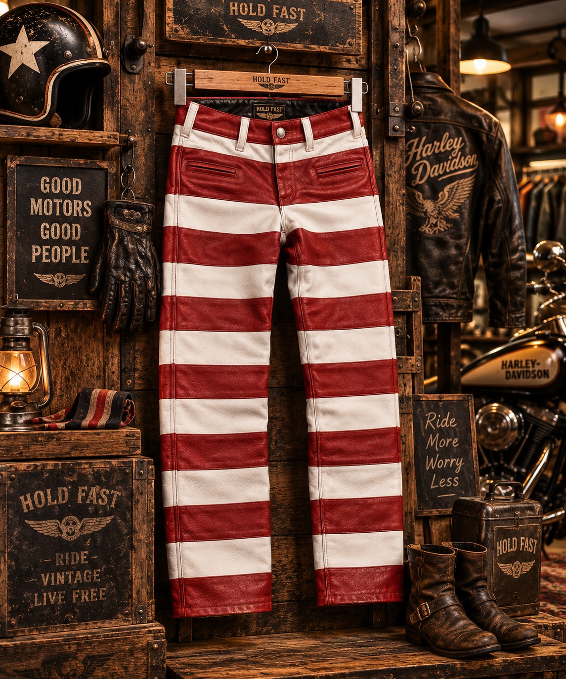 Pantalon cuir biker Cayenne présenté en boutique à Marseille chez Hold Fast