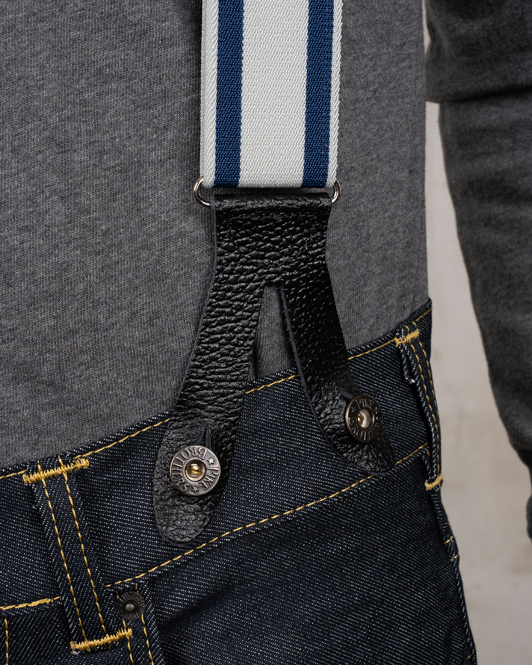 Bretelles bleues 1937 Pike Brothers - détail attaches cuir