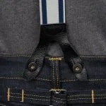 Bretelles Pike Brothers bleues - pattes cuir noir boutonnées sur jean