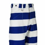Détail des poches avant et des boutons du pantalon denim 14oz rayé bleu