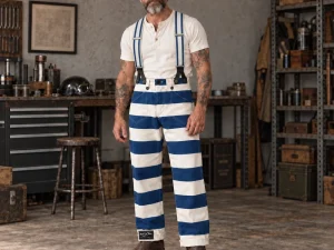 Biker barbu portant le pantalon Folsom Prison bleu et les bretelles 1937 Heavy Duty de 45 mm dans un atelier sans moto